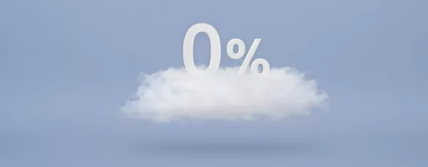 0 percent. 3D numbers float on a cloud on a blue background. Copy space. Advertising banner and poster to be inserted into the project.